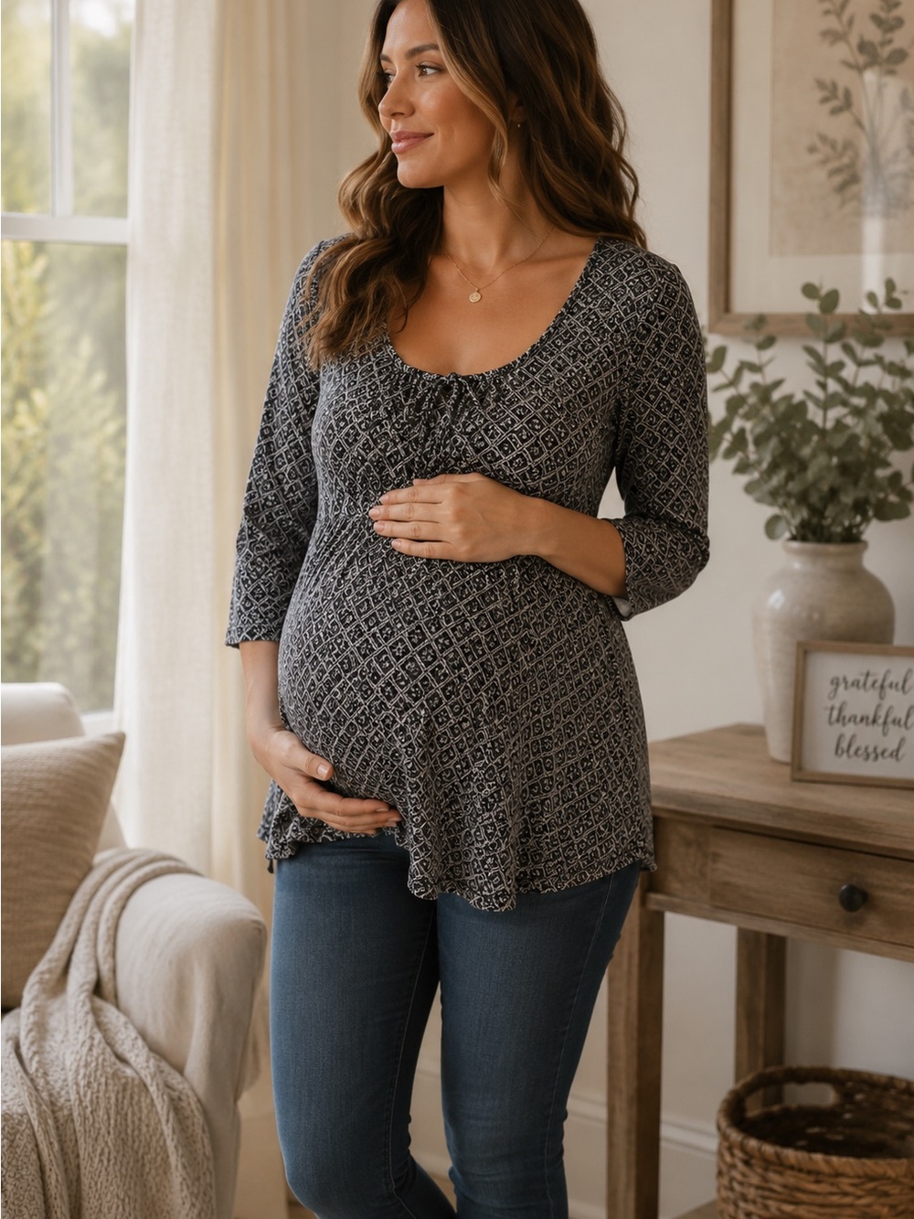 Duo Maternity Blouse Womens Size S Black Geometric 3/4 Sleeve Stretchy